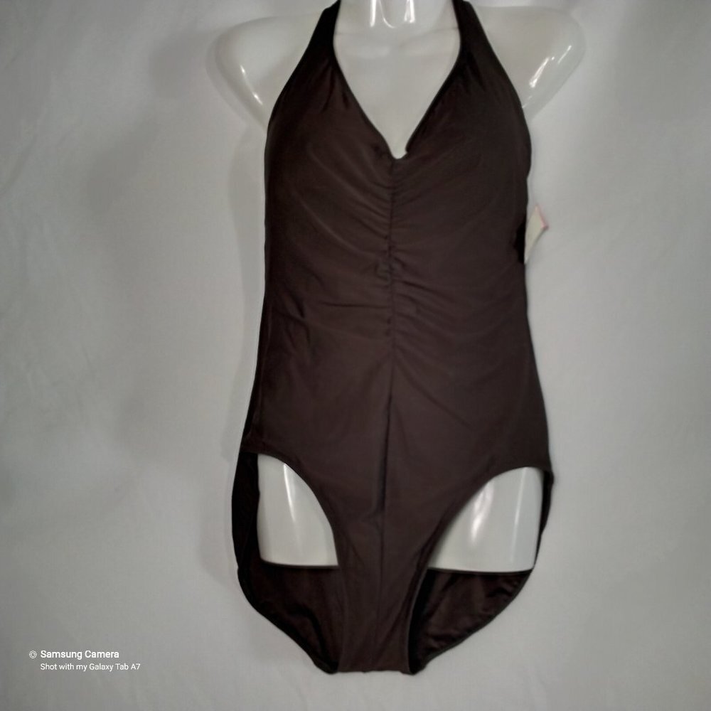 Be Creative 1 Pc. Brown Halter Tie Neck Swimsuit Removable Foam Cups NWT Sz. 10